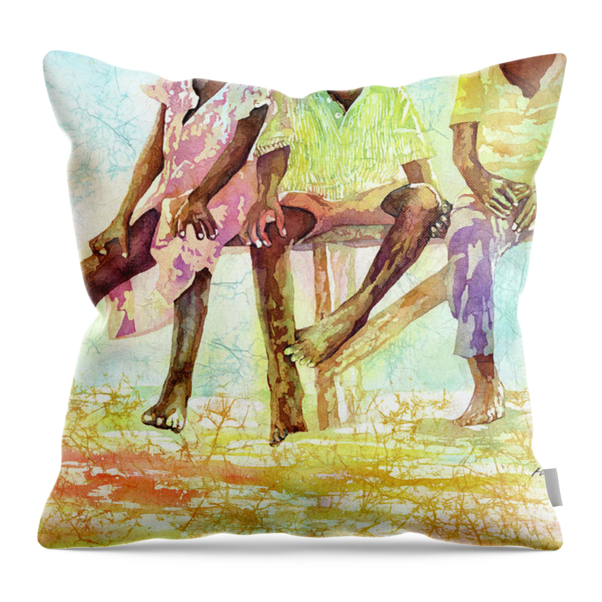 Chilren Throw Pillow featuring the painting Three Children of Ghana-pastel colors by Hailey E Herrera