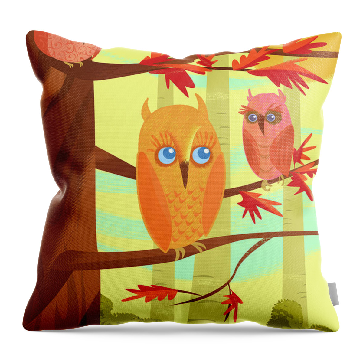 Fall Throw Pillow featuring the digital art Three Hoos by Alan Bodner