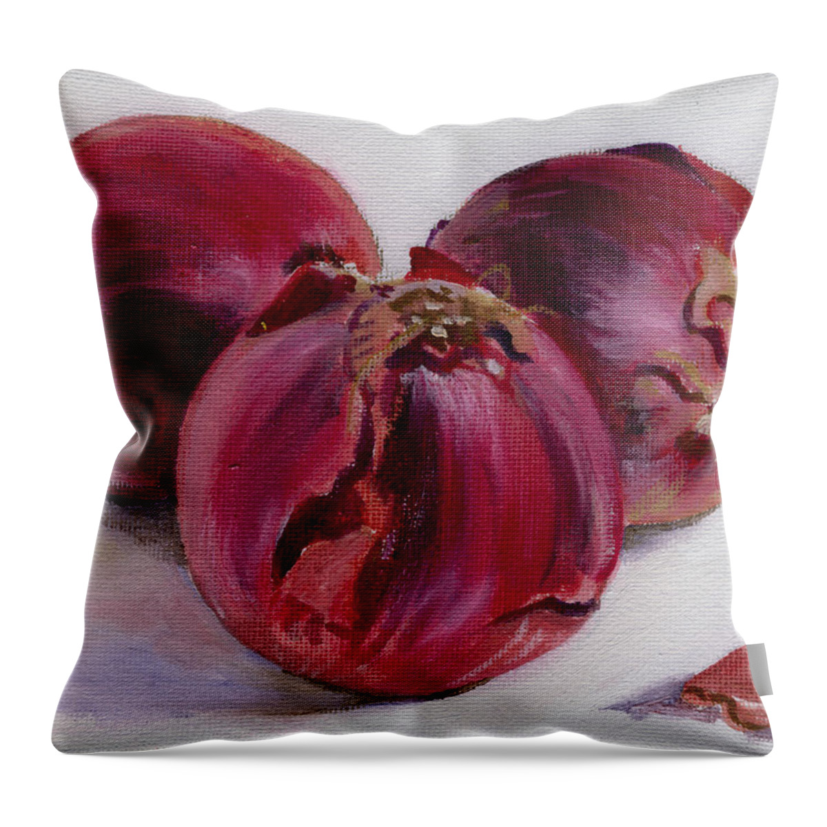 Still-life Throw Pillow featuring the painting Three More Onions by Sarah Lynch