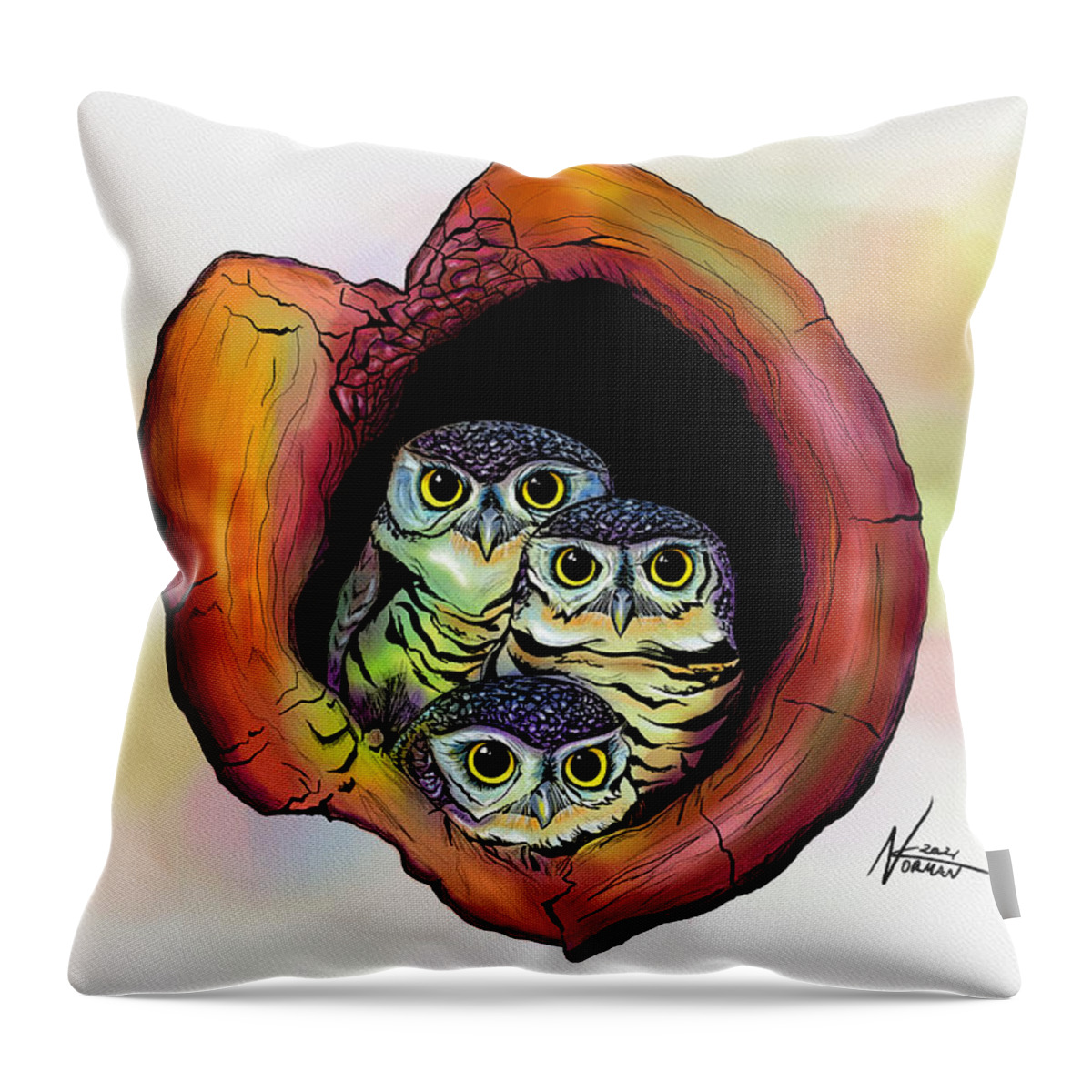 Wildlife Throw Pillow featuring the digital art Three Owls by Norman Klein