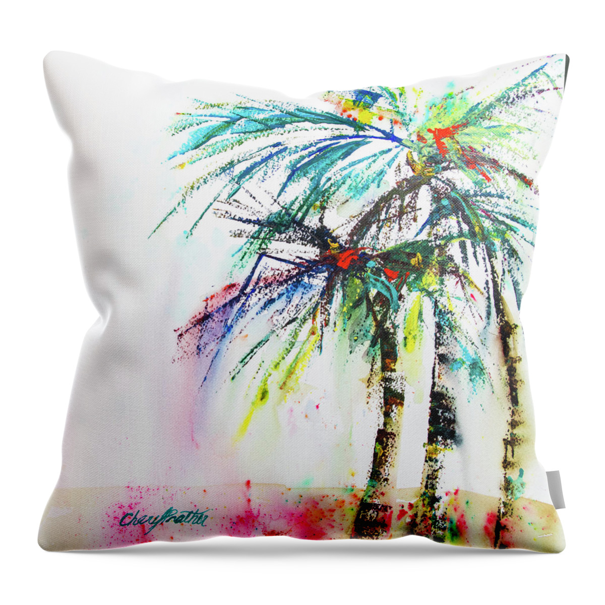 Beach Throw Pillow featuring the painting Three Palms by Cheryl Prather