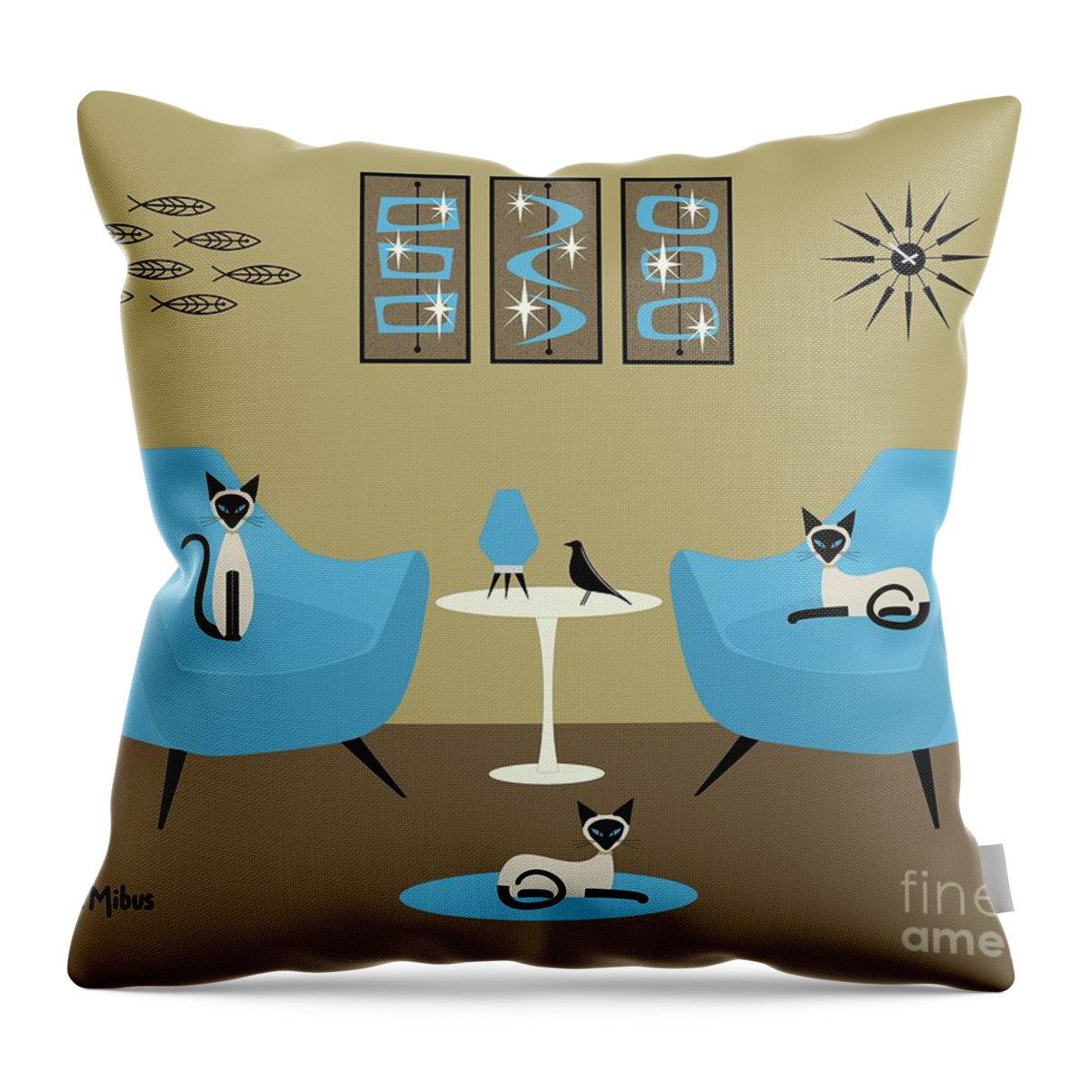 Mid Century Siamese Cats Throw Pillow featuring the digital art Three Siamese in Blue Chairs by Donna Mibus