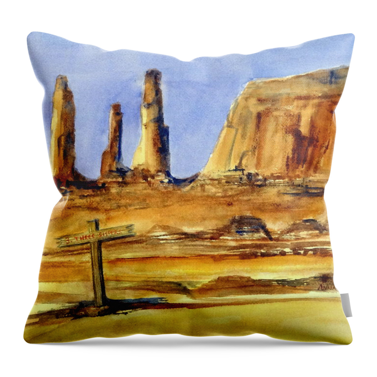 Monument Valley Throw Pillow featuring the painting Three Sisters- Monument Valley by Anna Jacke