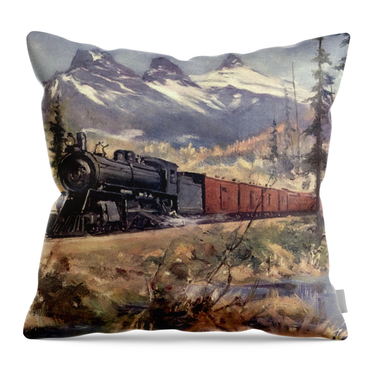 Train Throw Pillow featuring the painting Three Sisters, Rockies by Canadian Pacific Railway