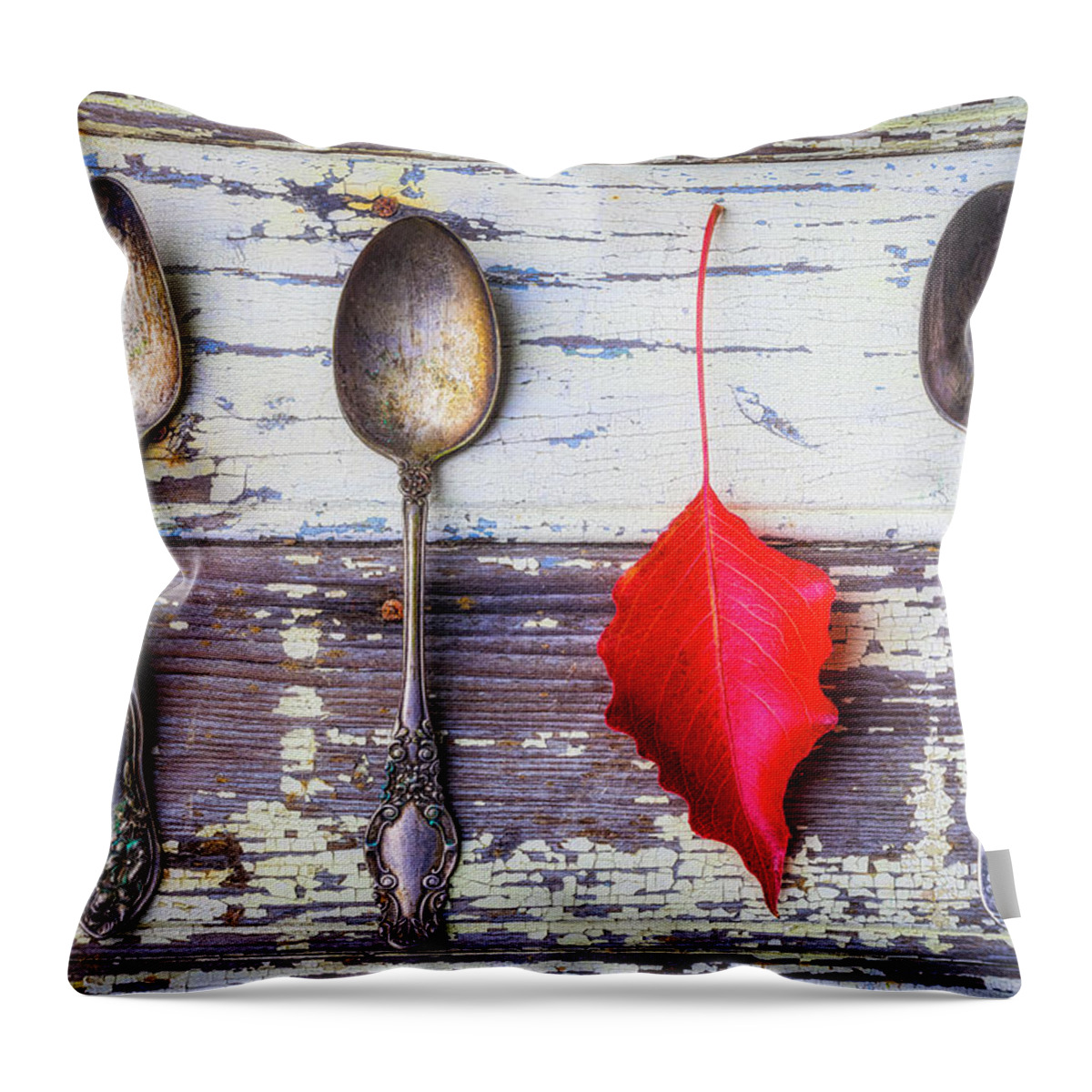 Red Throw Pillow featuring the photograph Three Spoons And A Red Leaf by Garry Gay