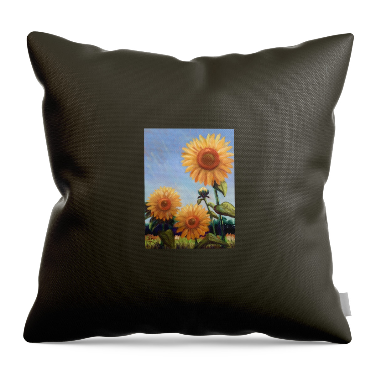 Sunflowers Throw Pillow featuring the pastel Three Sunflowers by Donna Chambers