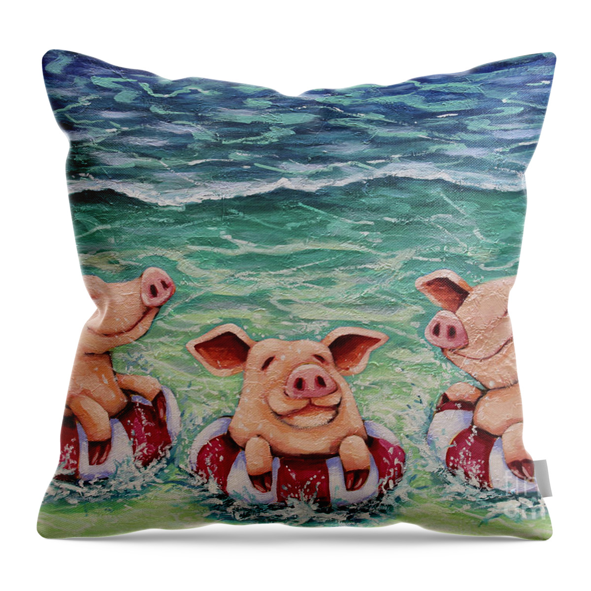 Pig Throw Pillow featuring the painting Three Swimming Pigs by Lucia Stewart