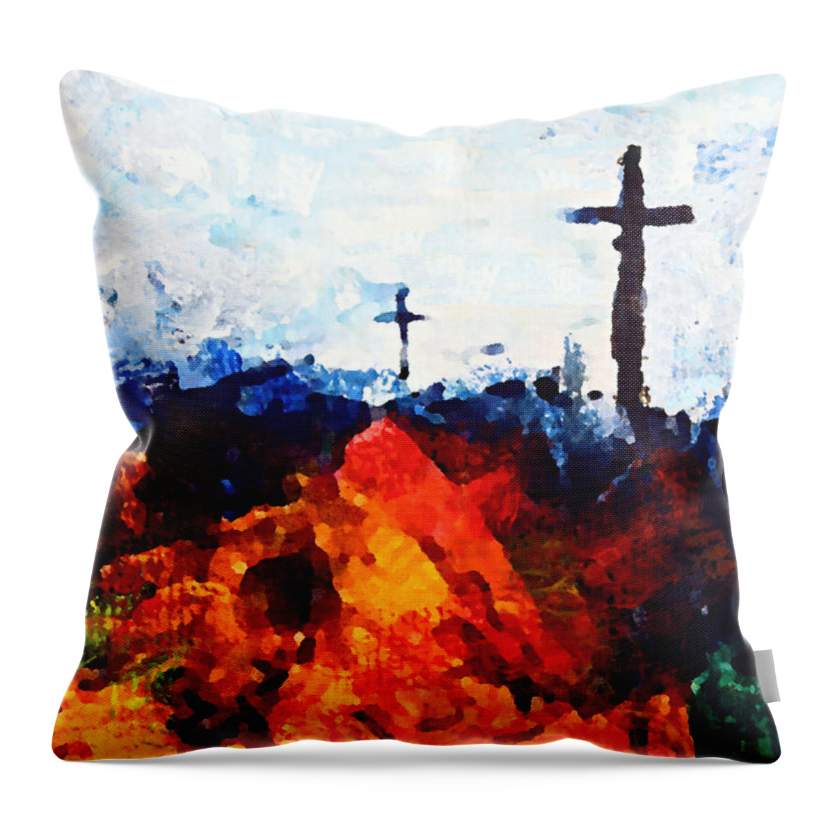 Three Wooden Crosses Throw Pillow featuring the digital art Three Wooden Crosses by Kume Bryant
