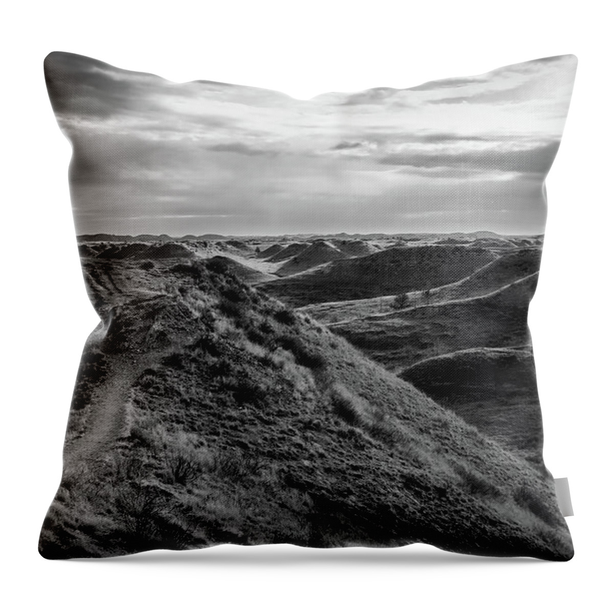 Badlands Hiking Trail Throw Pillow featuring the photograph Through The Badlands Black And White by Dan Sproul