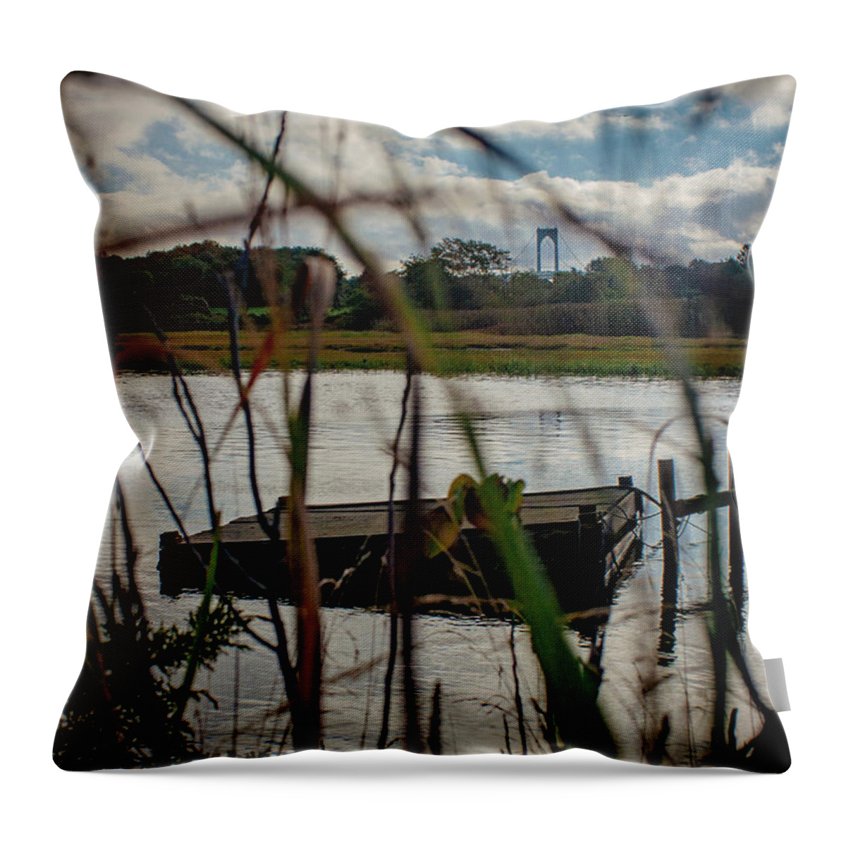 Claiborne Pell Bridge Throw Pillow featuring the photograph Through the reeds by Jim Feldman