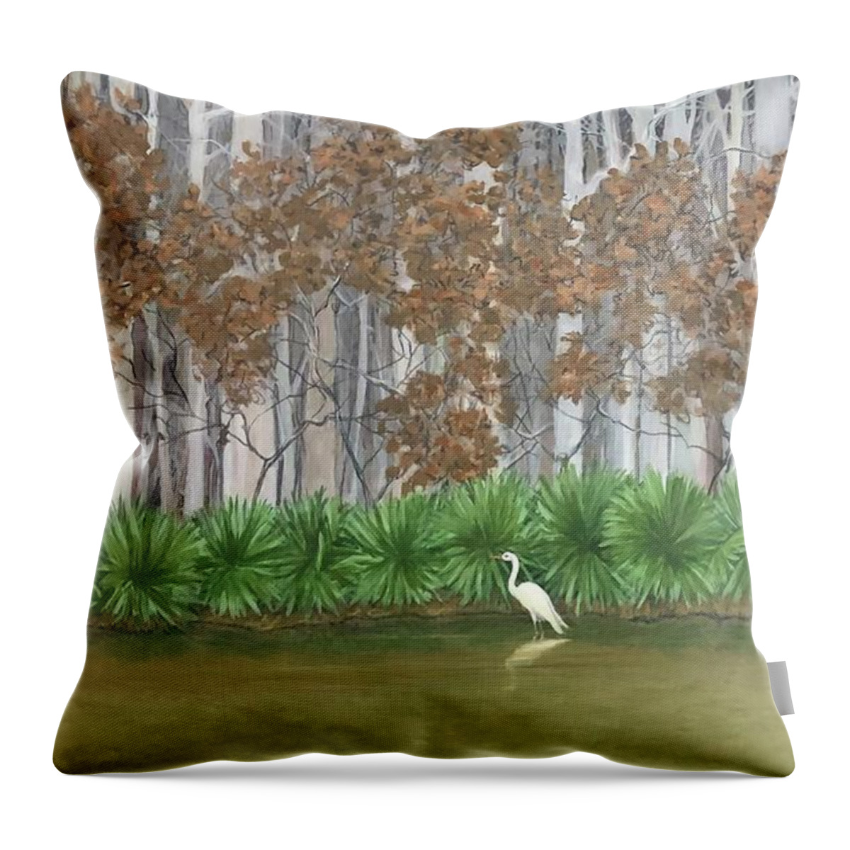 Trees Throw Pillow featuring the painting Egret on Tibbee Creek by Jeanette Jarmon