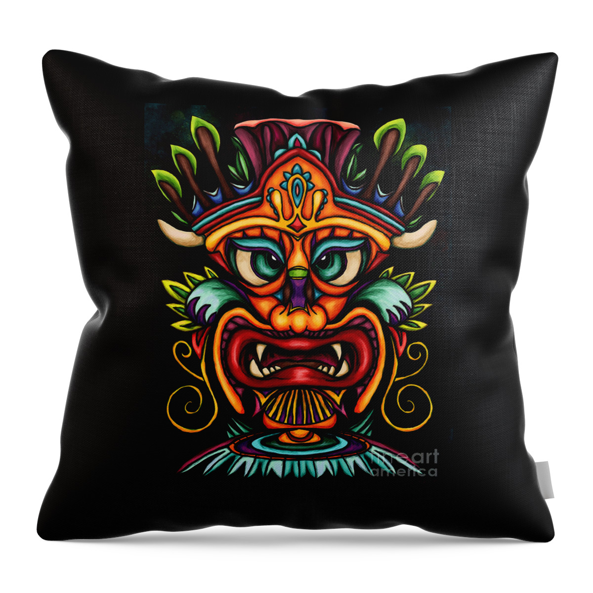 Tiki Masks Throw Pillow featuring the painting Maori tiki mask vibrant painting, Tiki totem by Nadia CHEVREL