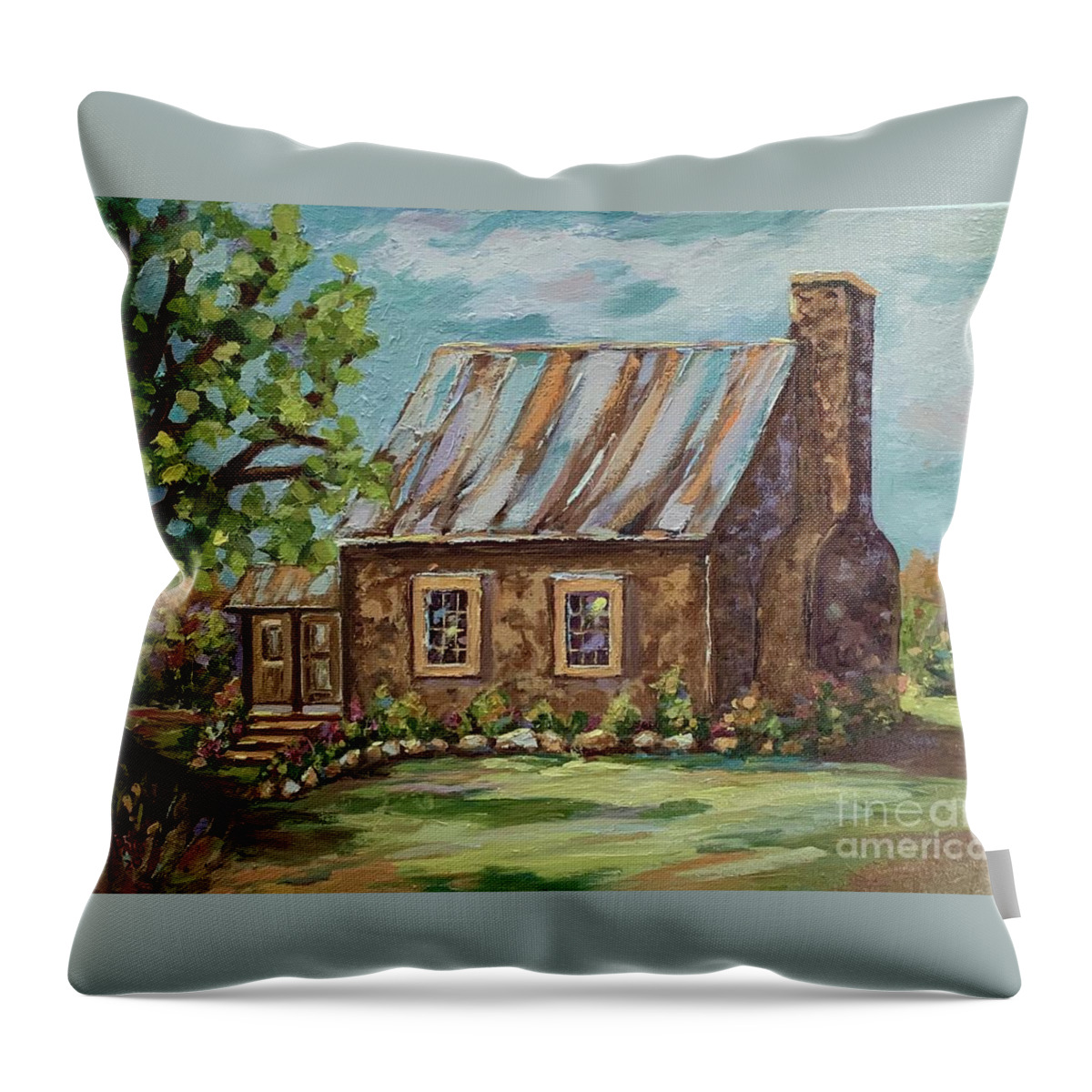 Log Cabin Throw Pillow featuring the painting Time Gone By by Patsy Walton