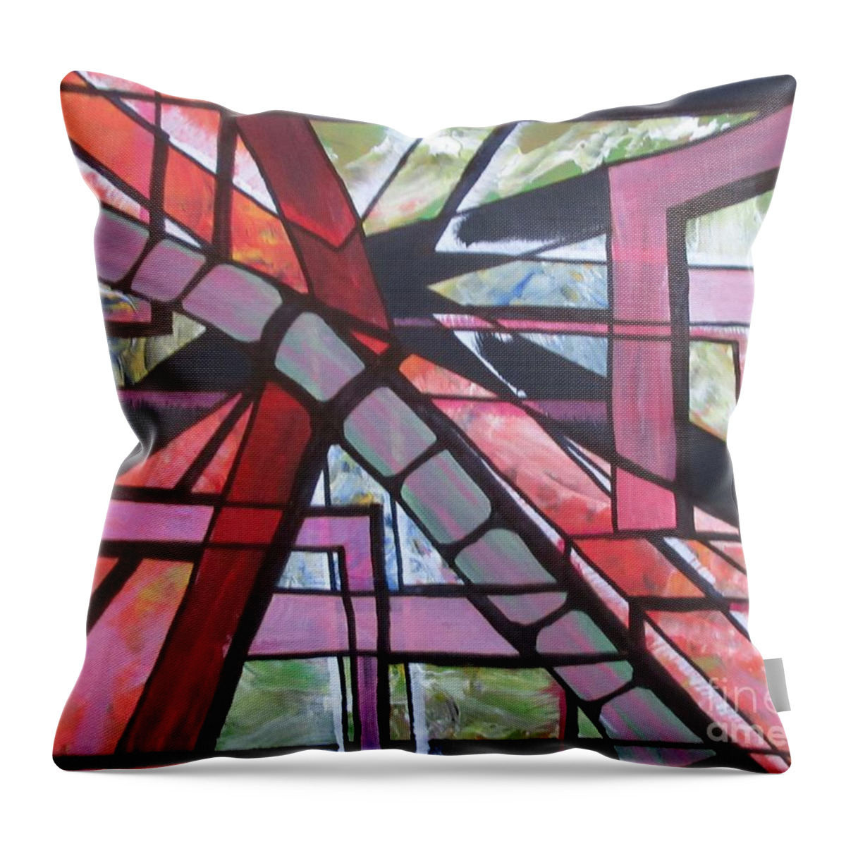 Abstract Pattern Decor Decrotive Orange Pink Green Mask Towel Bag Cushion Pillow Lobby Office Thought Mind Travel Time Throw Pillow featuring the painting Time Travel by Bradley Boug