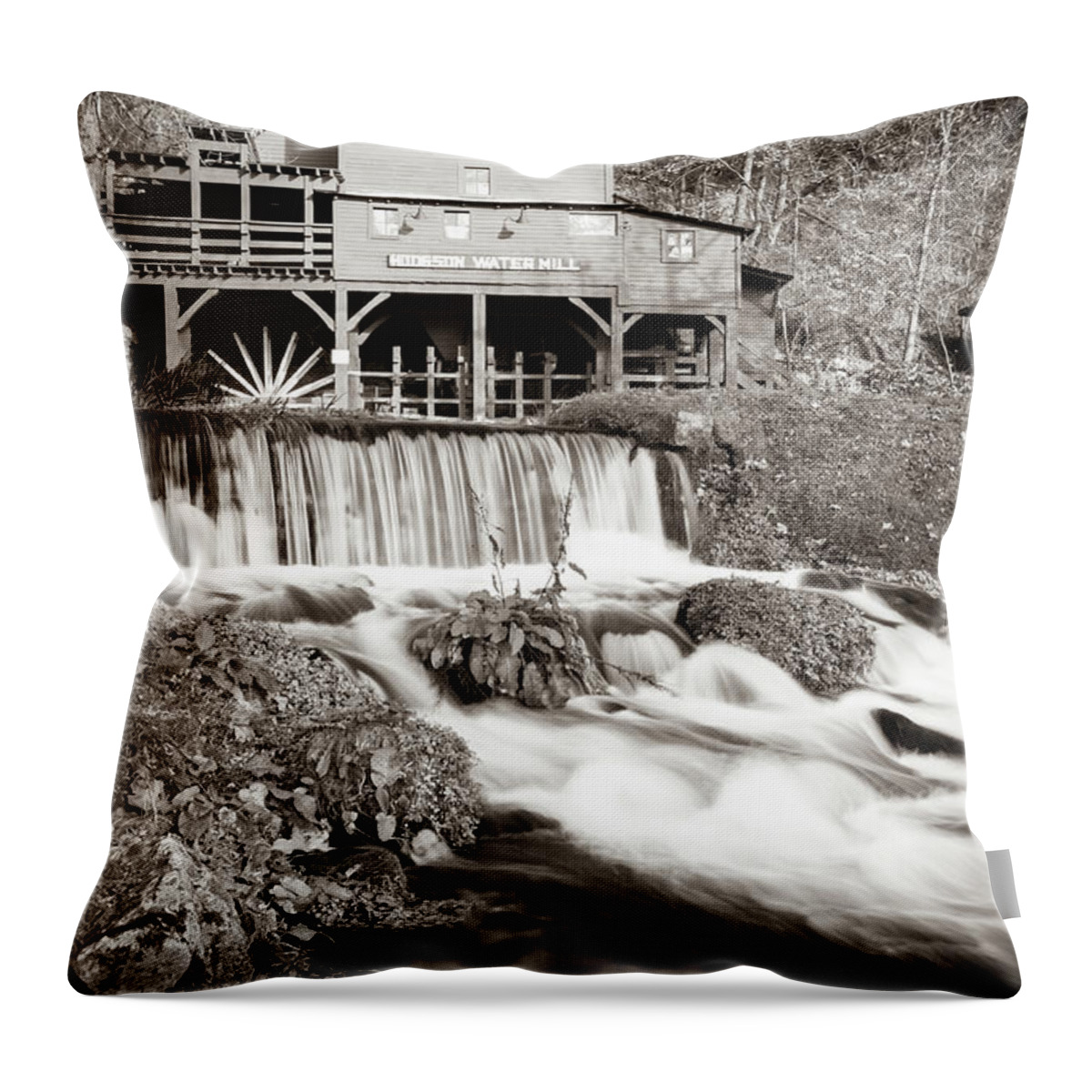 Sepia Throw Pillow featuring the photograph Timeless Charm Of Old Hodgson Mill - Sepia Edition by Gregory Ballos