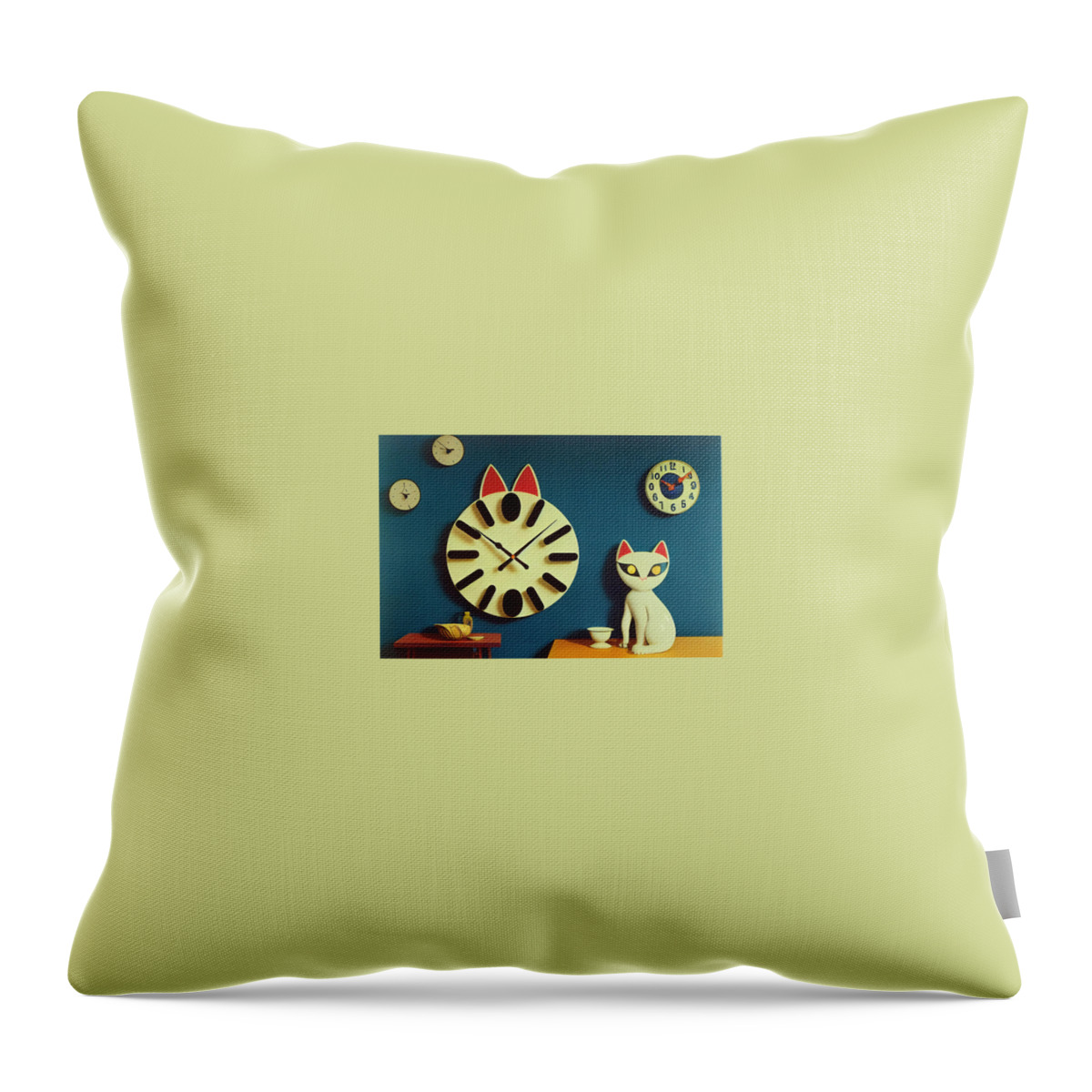 /imagine Prompt: A Cat Clock On A Blue Kitchen Wall:: By Joan Miró::1 --upbeta --quality 4                 Throw Pillow featuring the digital art Timeless II by Jay Schankman