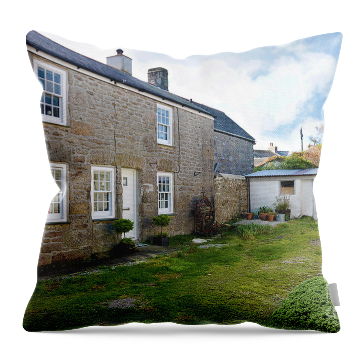 Cottages Throw Pillow featuring the photograph Tinner's Courtyard St Just Cornwall by Terri Waters