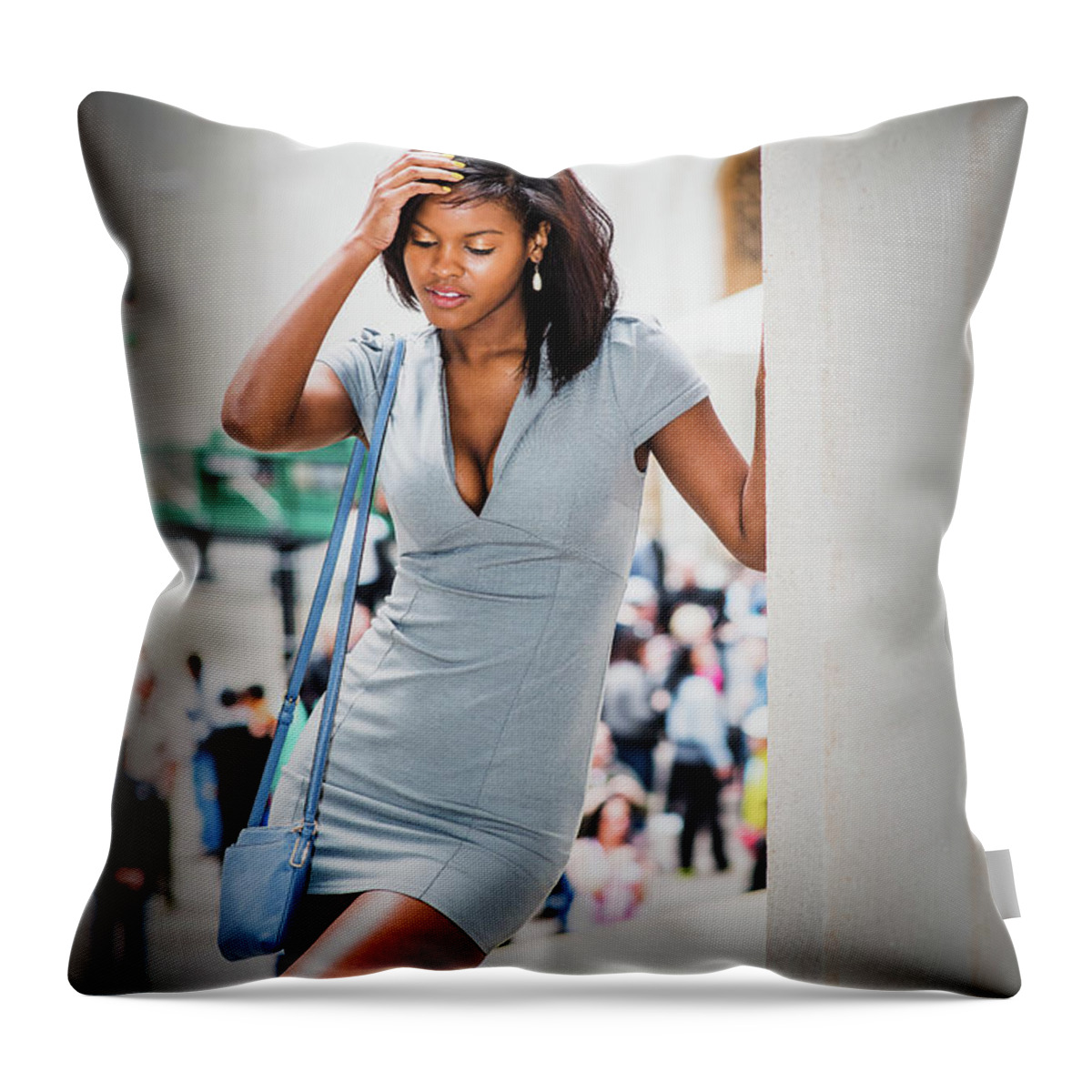 African Throw Pillow featuring the photograph Tired African American Businesswoman traveling, working in New Y by Alexander Image