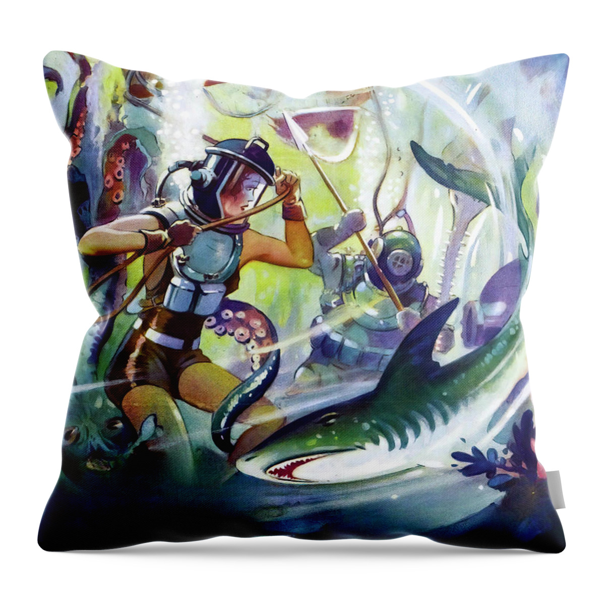 Titans Throw Pillow featuring the painting ''Titans of the Deep'', 1938, movie poster painting by Movie World Posters