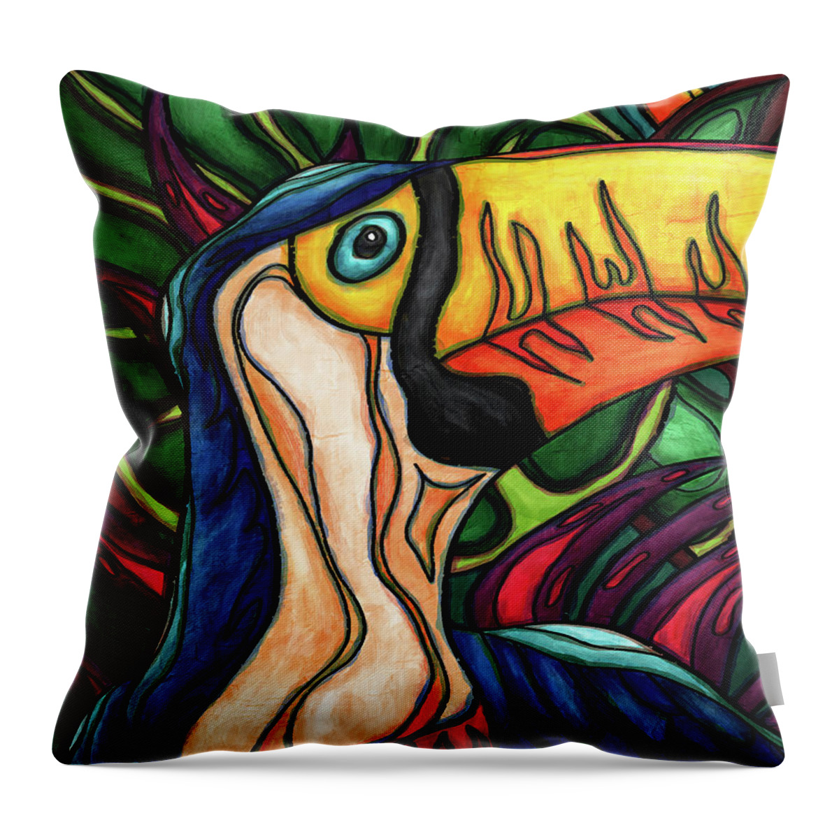 Toco Toucan Throw Pillow featuring the painting Toco toucan in colorful jungle, toucan bird by Nadia CHEVREL