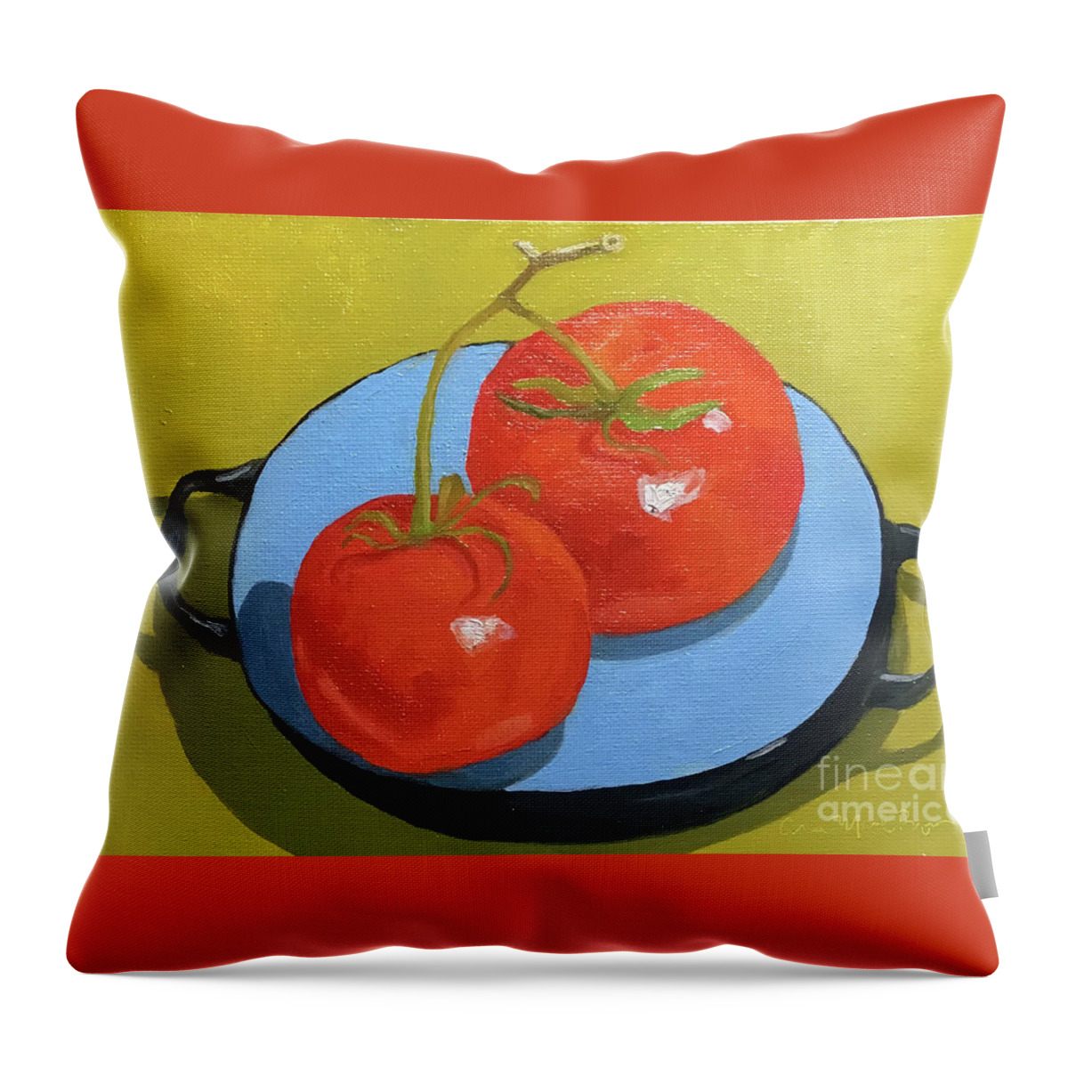 Tomato Throw Pillow featuring the painting Tomatoes on Blue Plate by Anne Marie Brown