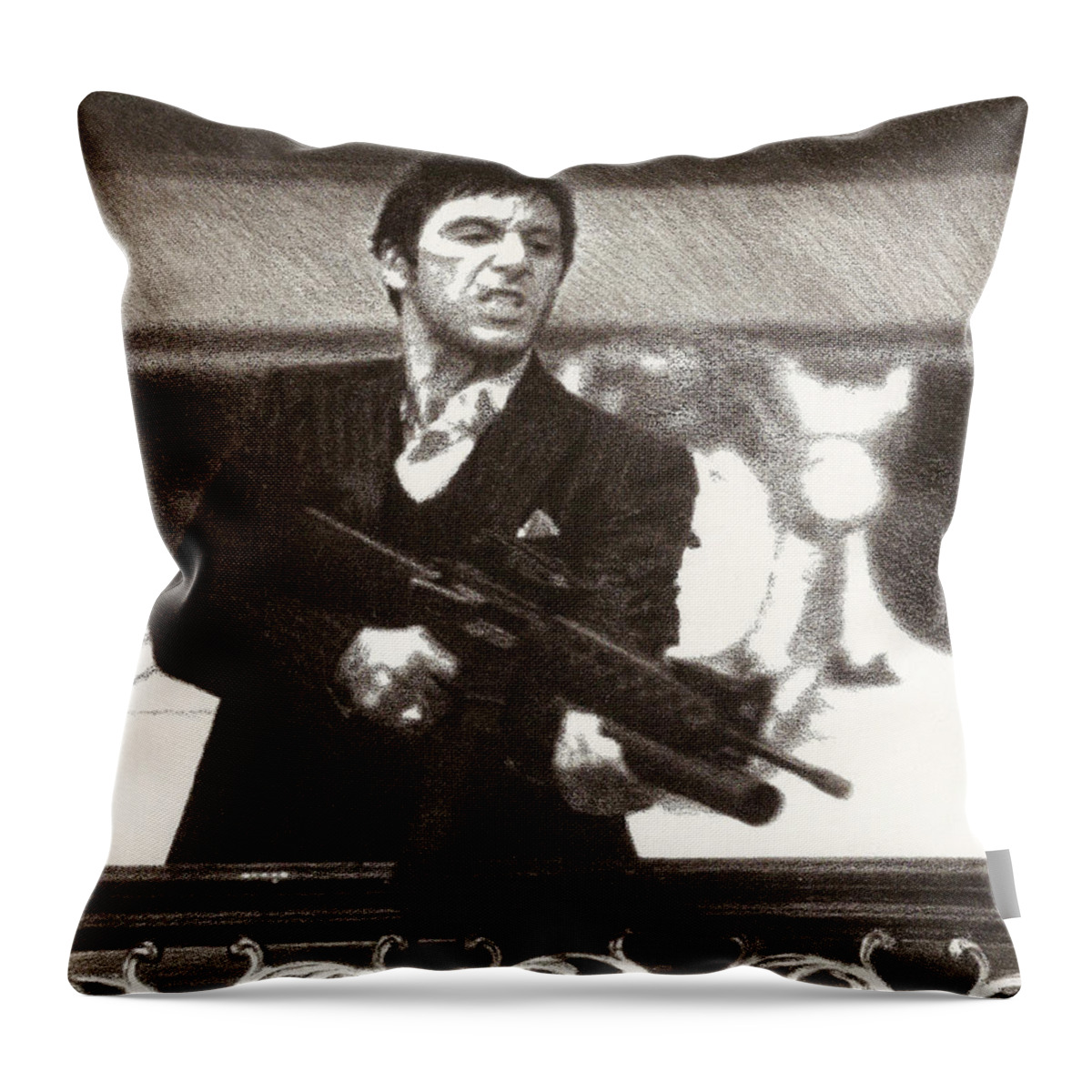 Scarface Throw Pillow featuring the drawing Tony Montana by Mark Baranowski