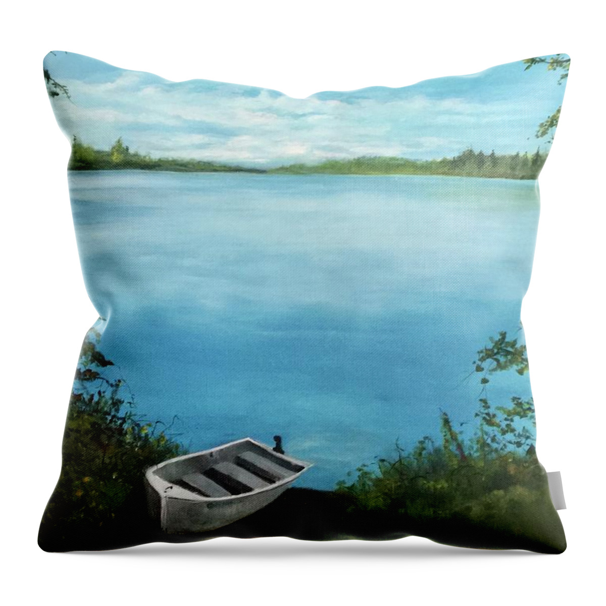 Landscape Lake Pond Water Blue Outdoor Fishing Throw Pillow featuring the painting Tooley Pond by Janet Visser