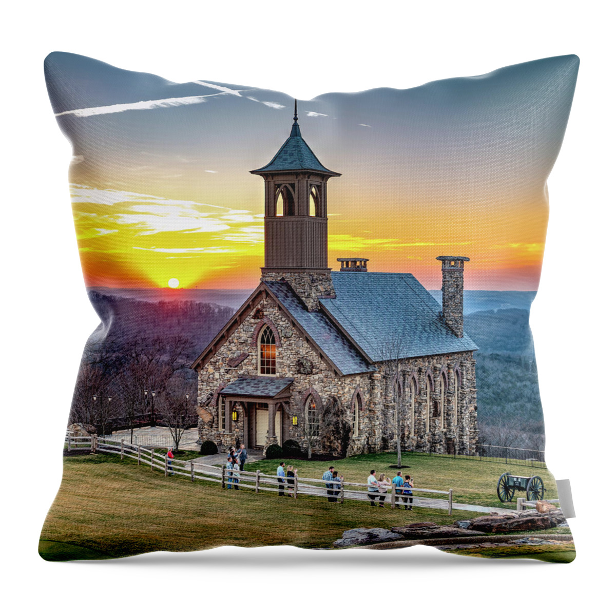Chapel Of The Ozarks Throw Pillow featuring the photograph Top of the Rock Sunset and Chapel of the Ozarks 1x1 by Gregory Ballos