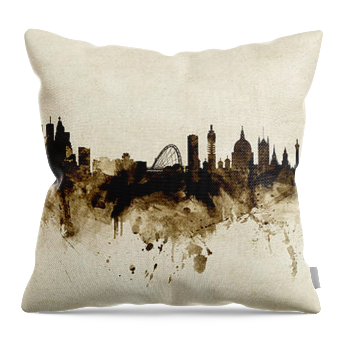 Toronto Throw Pillow featuring the digital art Toronto and London Skylines Mashup Vintage by Michael Tompsett
