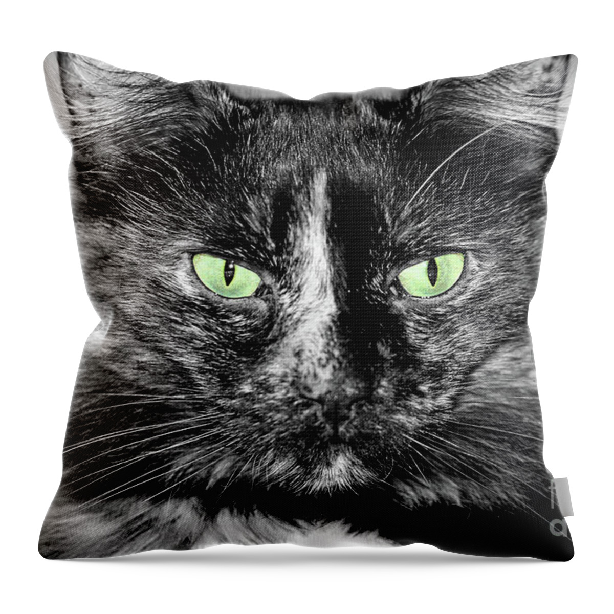 Cat; Torti; Tortoiseshell; Torti Cat; Tortoiseshell Cat; Stare; Eyes; Attitude; Catitude; Tortitude; Black And White; Green; Selective Color; Photography; Macro; Close-up; Portrait; Horizontal Throw Pillow featuring the digital art Tortitude with Green Eyes by Tina Uihlein