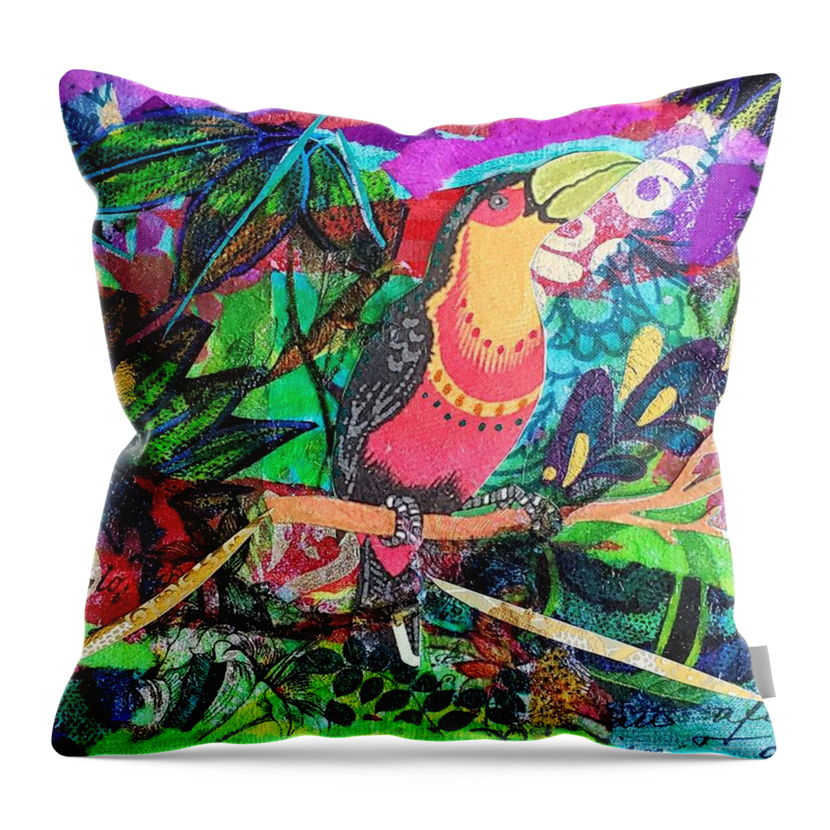 Exotic Bird Throw Pillow featuring the mixed media Toucan Time by Deborah Cherrin