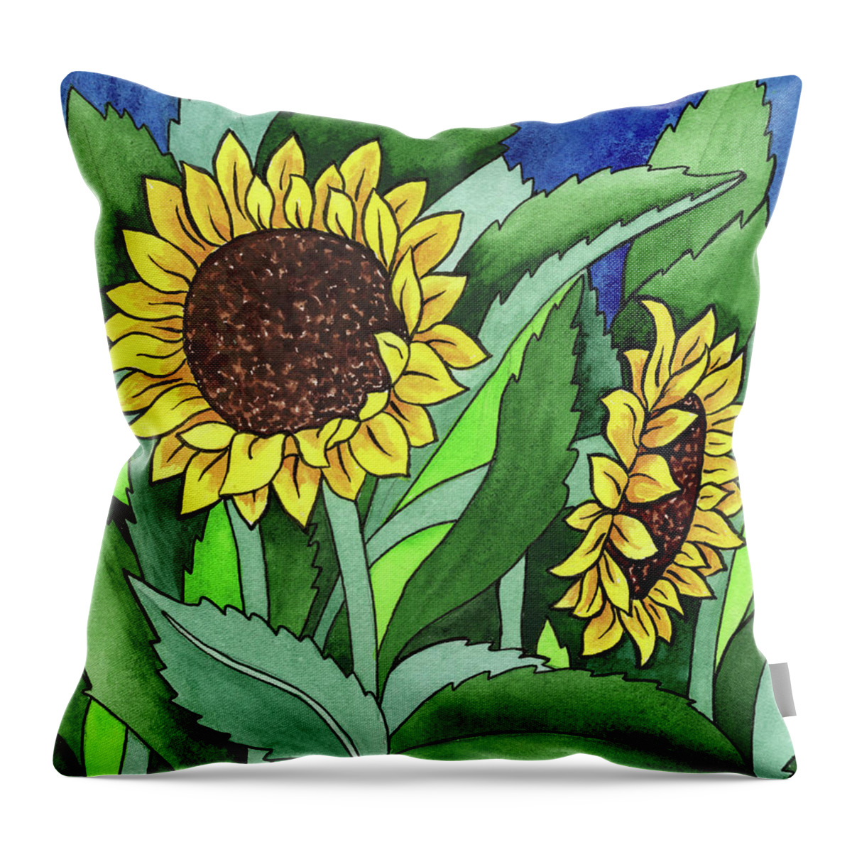 Sunflowers Throw Pillow featuring the painting Two Happy Sunflowers Flowers In Batik Watercolor Style by Irina Sztukowski