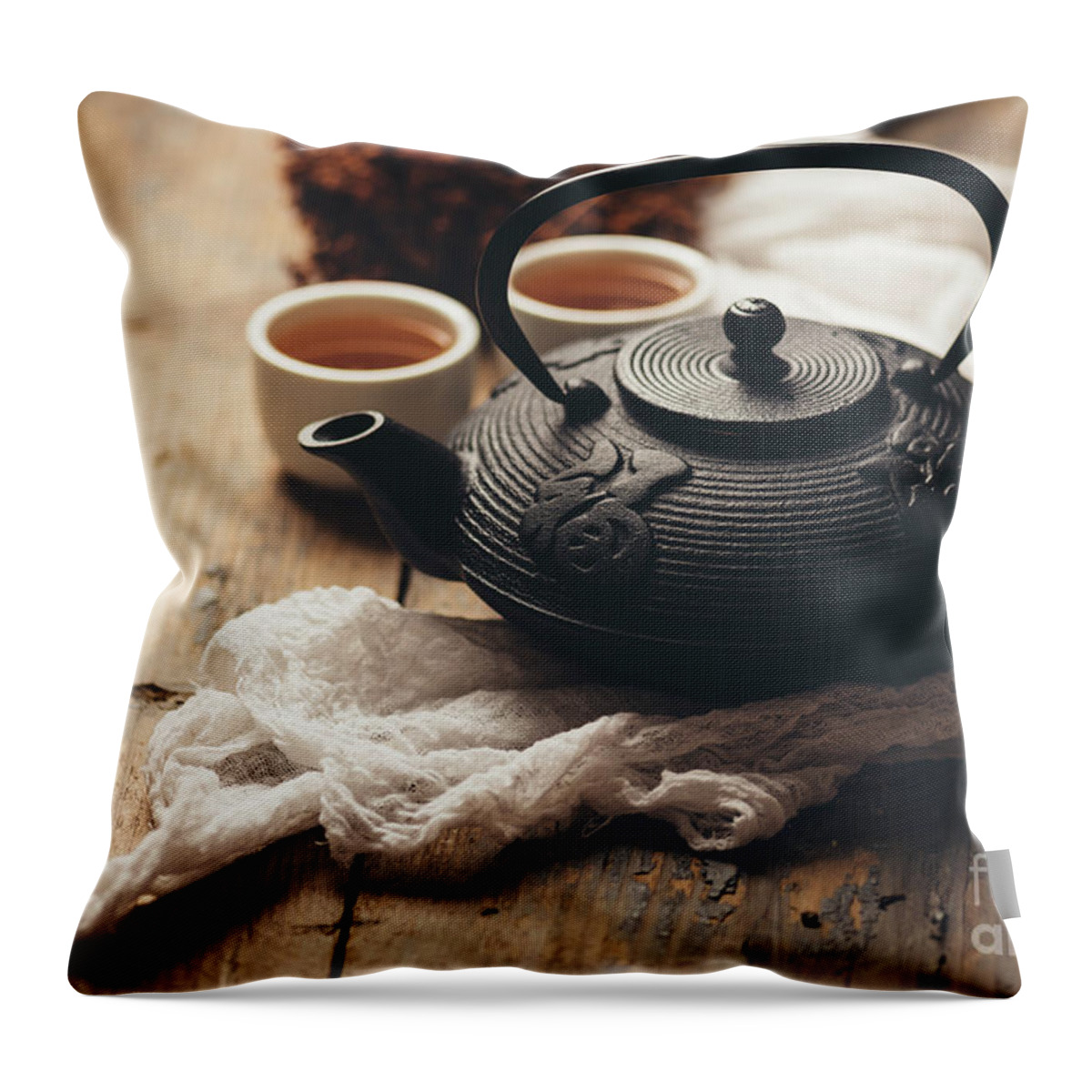 Tea Throw Pillow featuring the photograph Traditional japanese tea on wooden table by Jelena Jovanovic