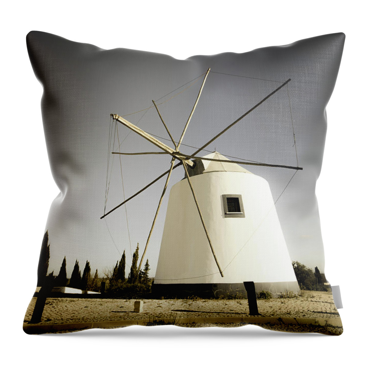 Windmill Algarve Throw Pillow featuring the photograph Traditional Portuguese windmill by Perry Van Munster