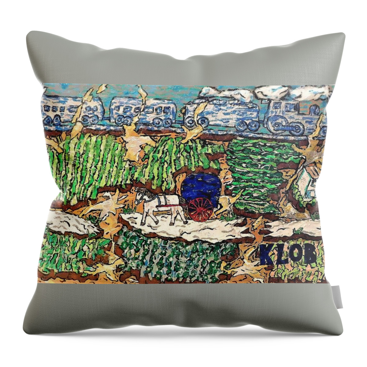 Train Carriage Industrial Revolution Throw Pillow featuring the mixed media Train And Carriage After Van Gogh 2021 by Kevin OBrien