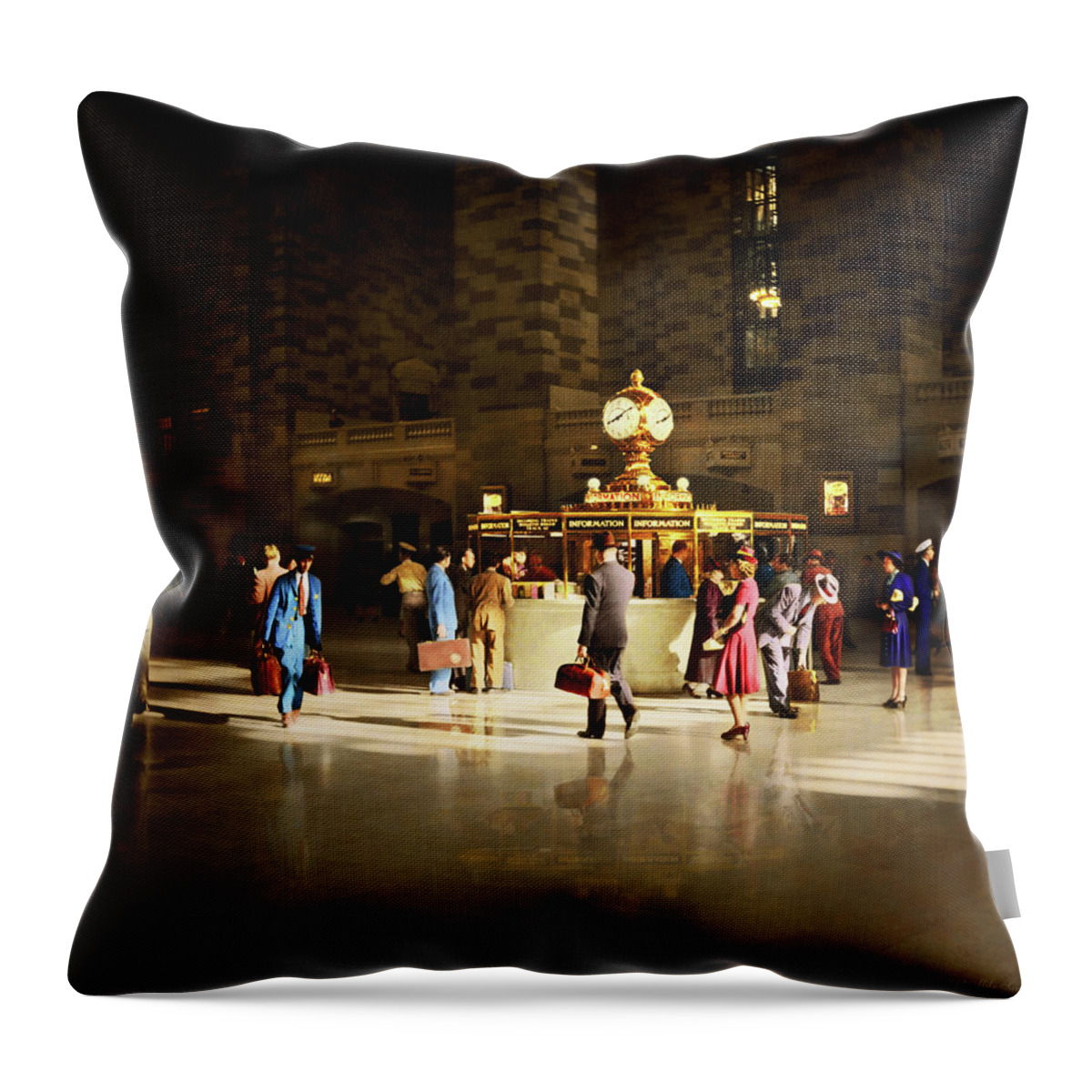 New York Throw Pillow featuring the photograph Train Station - Meet me at the clock 1941 by Mike Savad