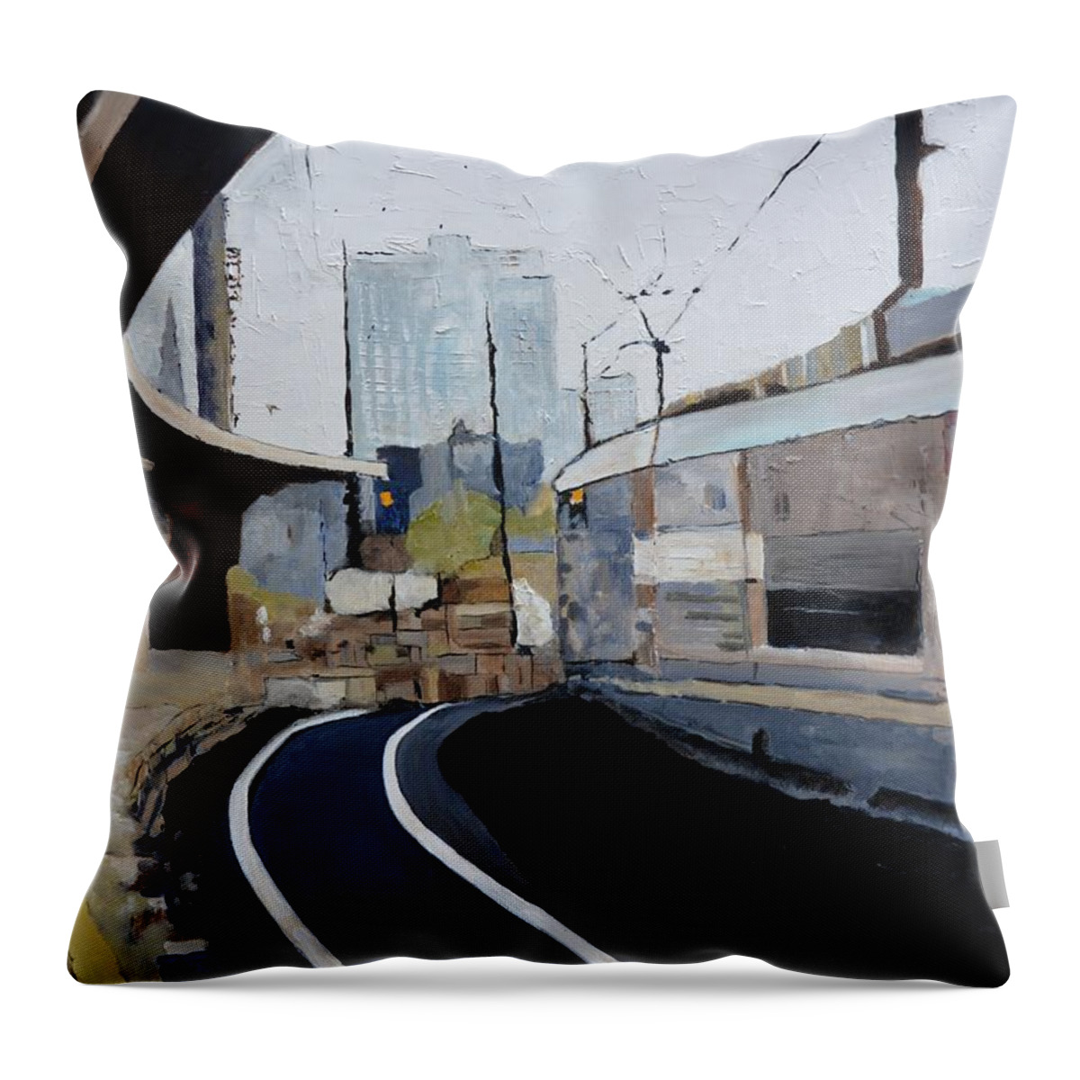 Landscape Throw Pillow featuring the painting Train station by Pol Ledent