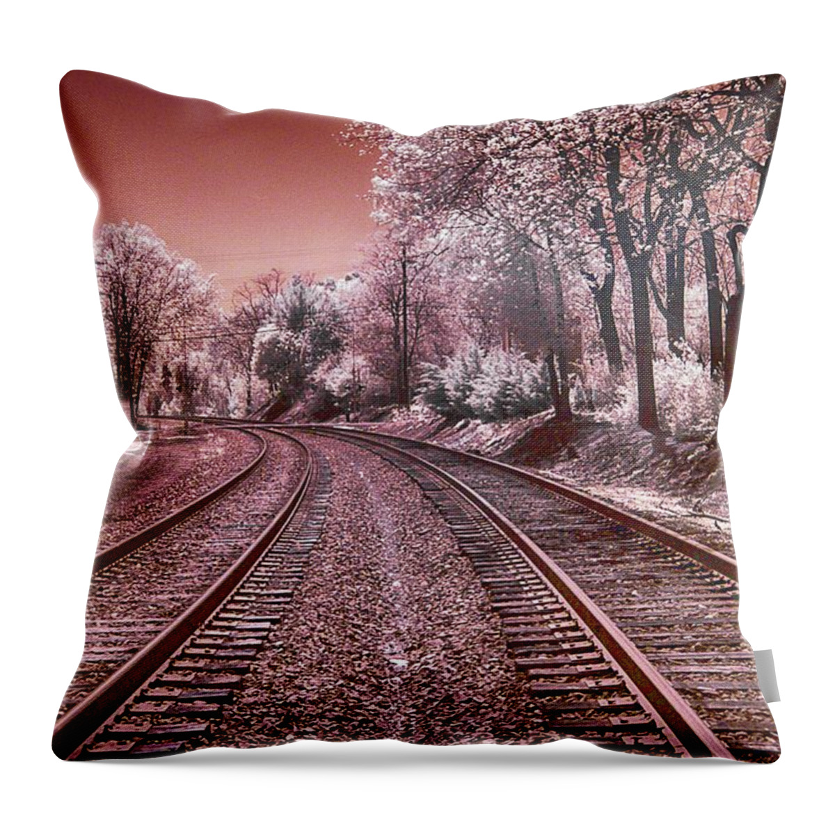 Infrared Throw Pillow featuring the photograph Train Tracks in Culpeper - Infrared Sepia by Anthony M Davis