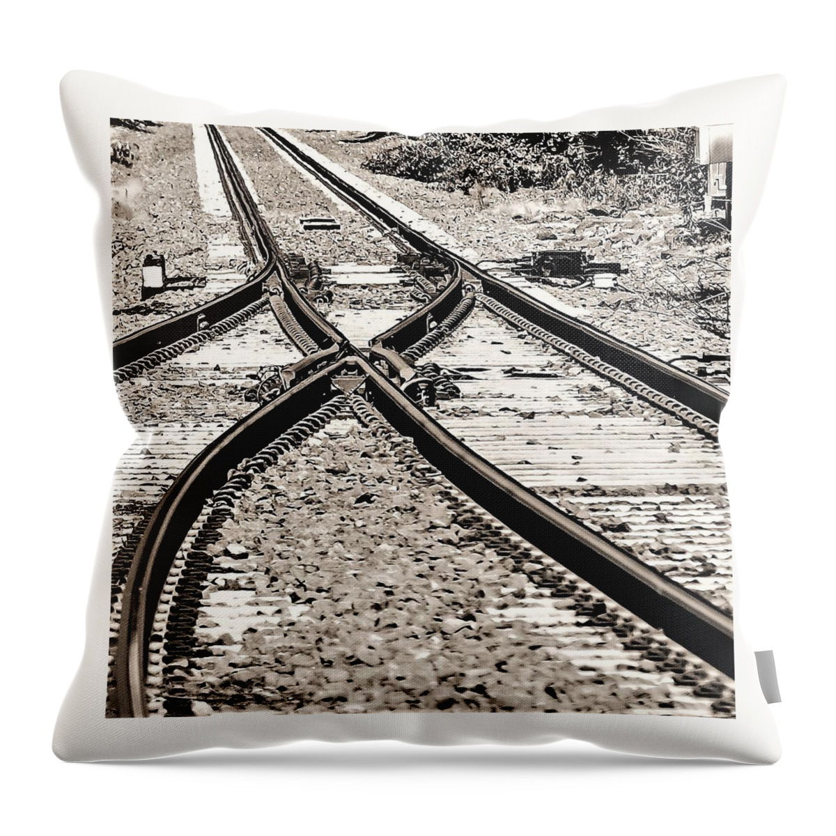 Train Tracks Rr Rail Road Stone B&w Throw Pillow featuring the photograph Train Tracks2 by John Linnemeyer