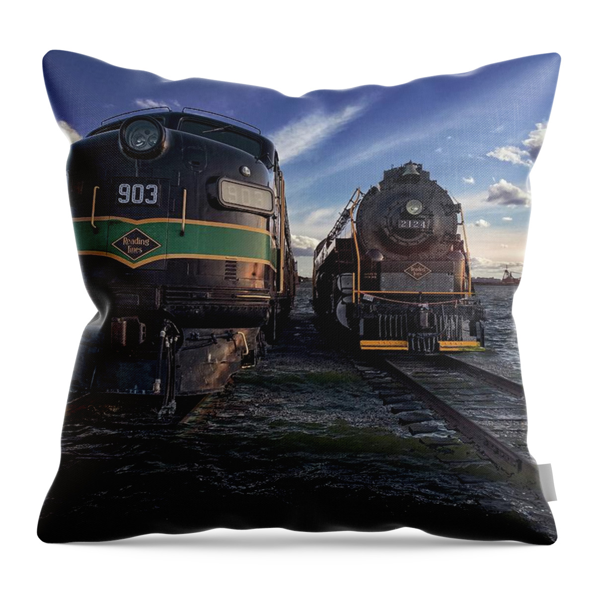 Train Throw Pillow featuring the photograph Trains, Red Hook Waterfront in Brooklyn by Carol Whaley Addassi