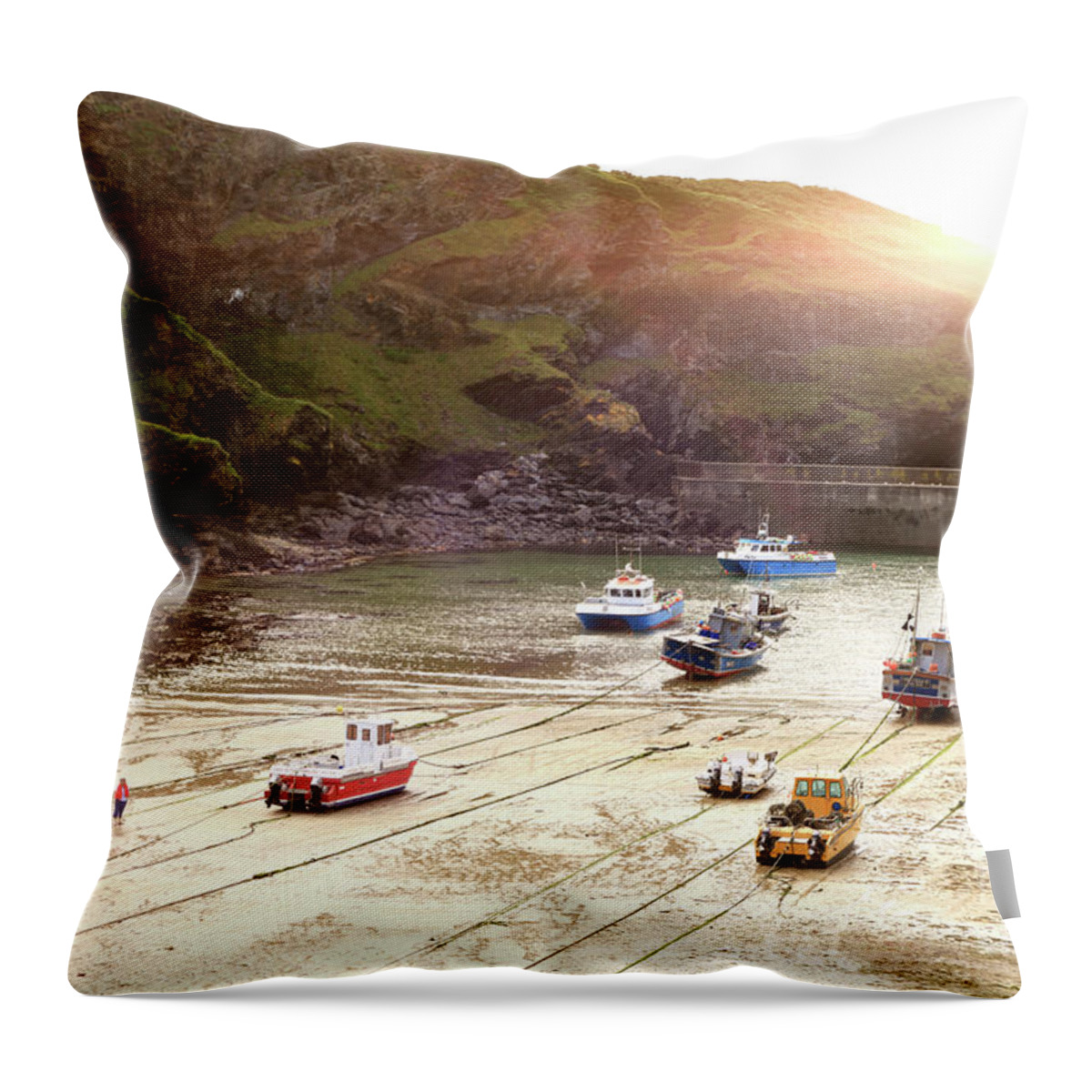 Port Isaac Throw Pillow featuring the photograph Trawlers in Port Isaac in Cornwall England by Simon Bratt