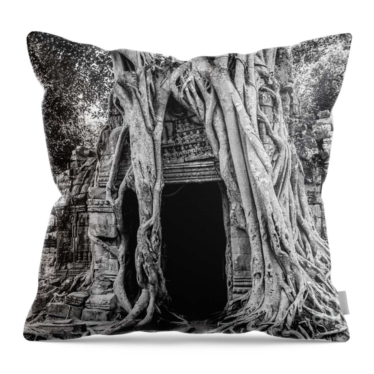 Angkor Throw Pillow featuring the photograph Tree roots on a temple, Angkor Wat by Louise Poggianti