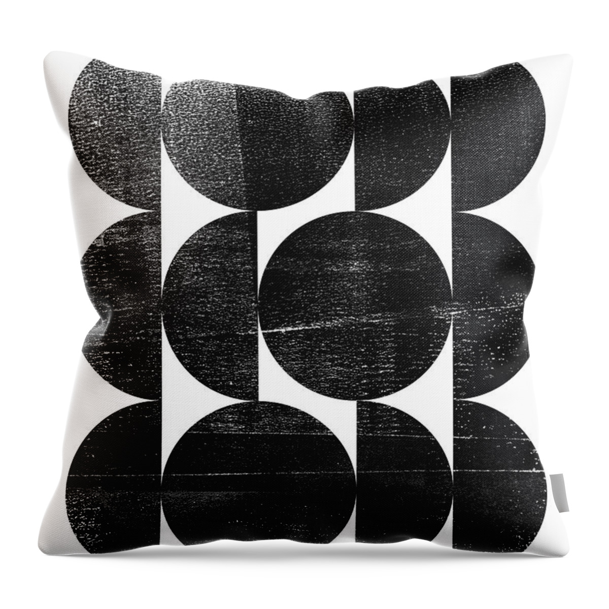 Black And White Mid Century Modern Abstract Throw Pillow featuring the digital art Triple Circles Black and White Mid Century Modern Geometric Monotype by Janine Aykens