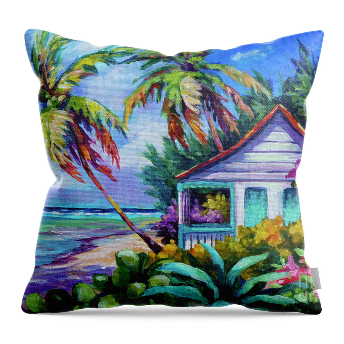 Art Throw Pillow featuring the painting Tropical Island Cottage by John Clark