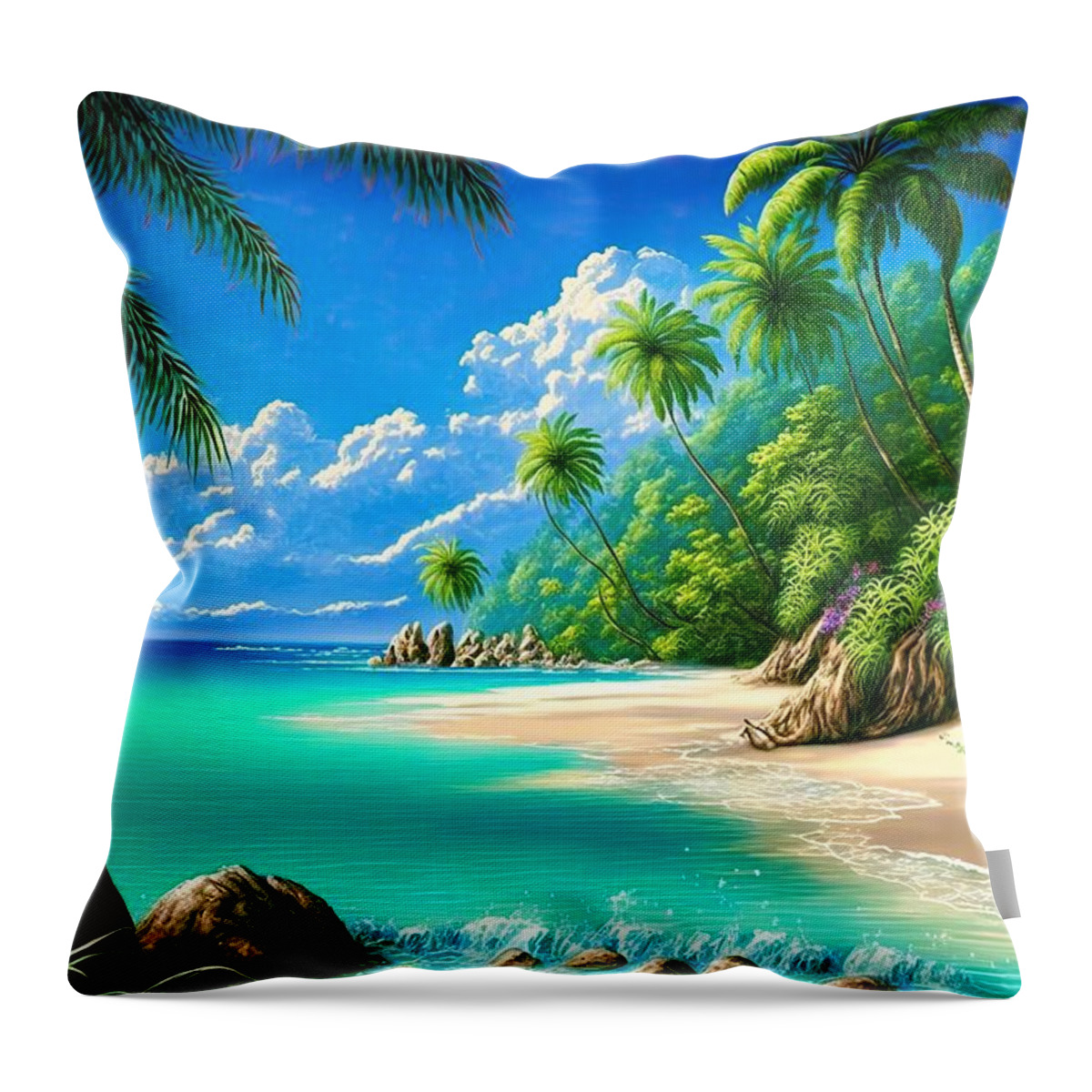 Tropical Throw Pillow featuring the digital art Tropical Paradise Beach 01 by Matthias Hauser