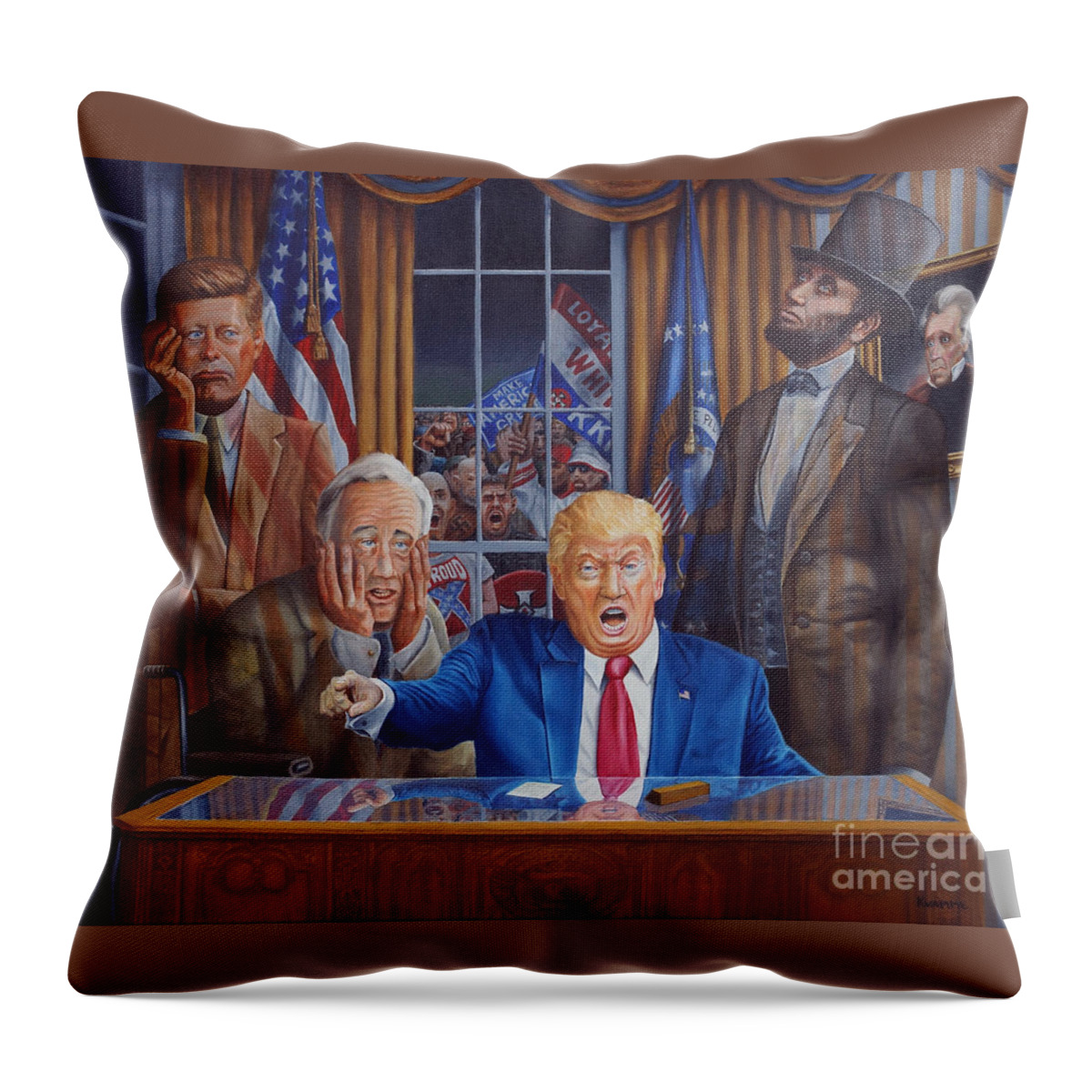 Trump Throw Pillow featuring the painting What Have We Done? by Ken Kvamme