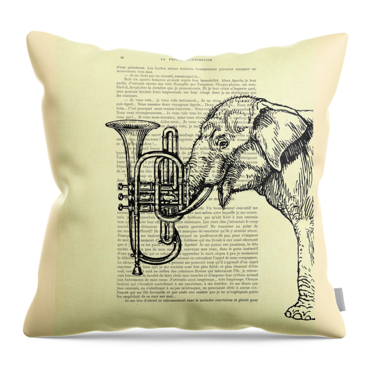 Elephant Throw Pillow featuring the digital art Trumpet player elephant in black and white by Madame Memento