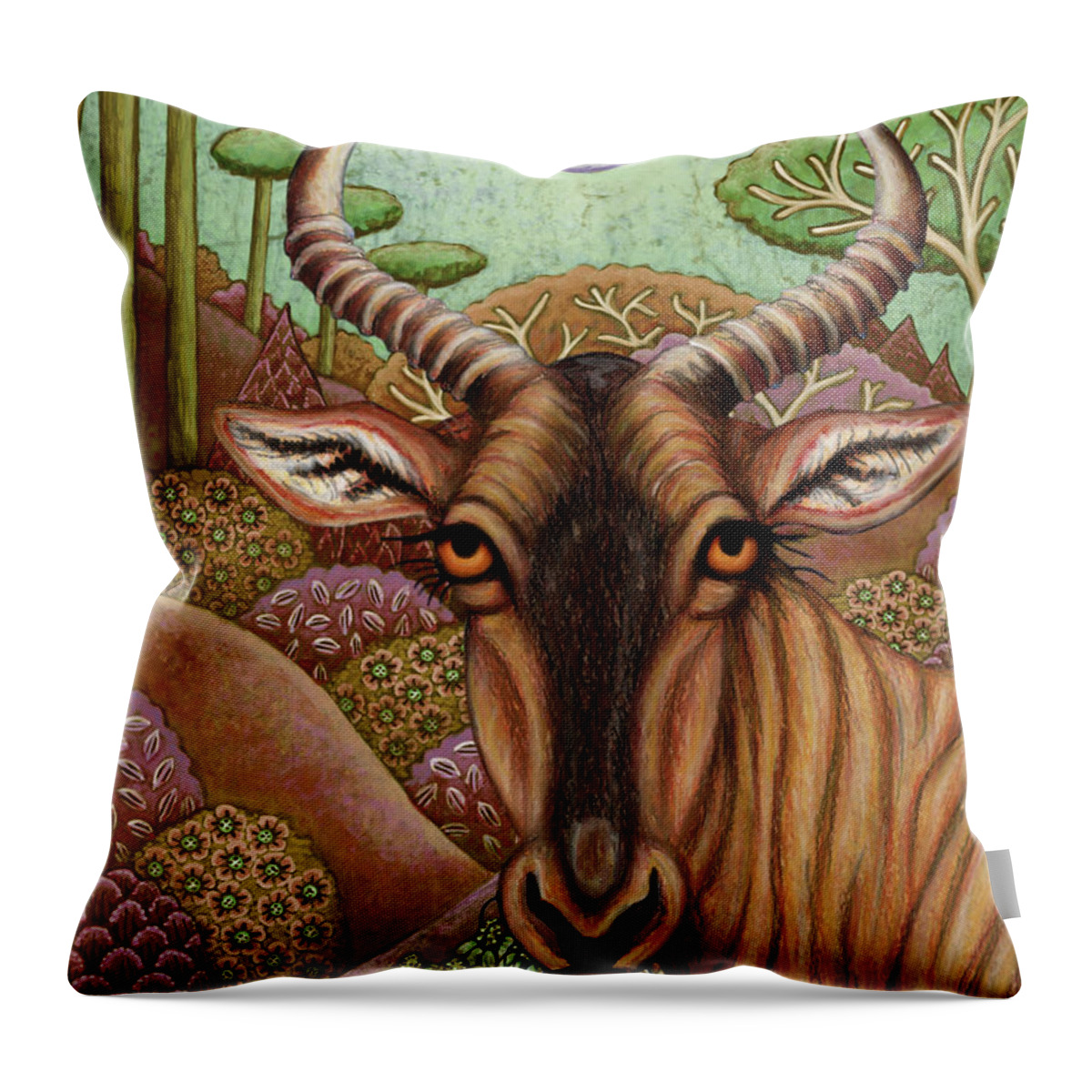 Antelope Throw Pillow featuring the painting Tsessebe Antelope Adventure by Amy E Fraser