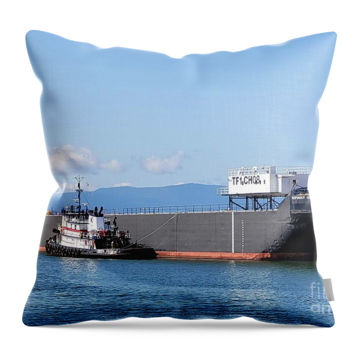 Tug And Barge By Norma Appleton Throw Pillow featuring the photograph Tug and Barge by Norma Appleton