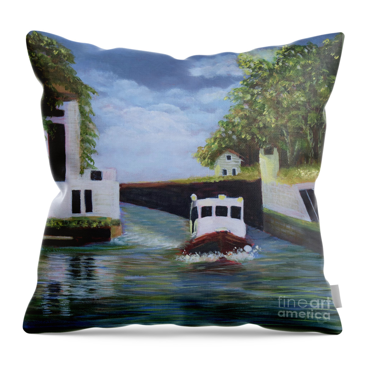 Canal Throw Pillow featuring the painting Tugboat on the Erie Canal by Monika Shepherdson